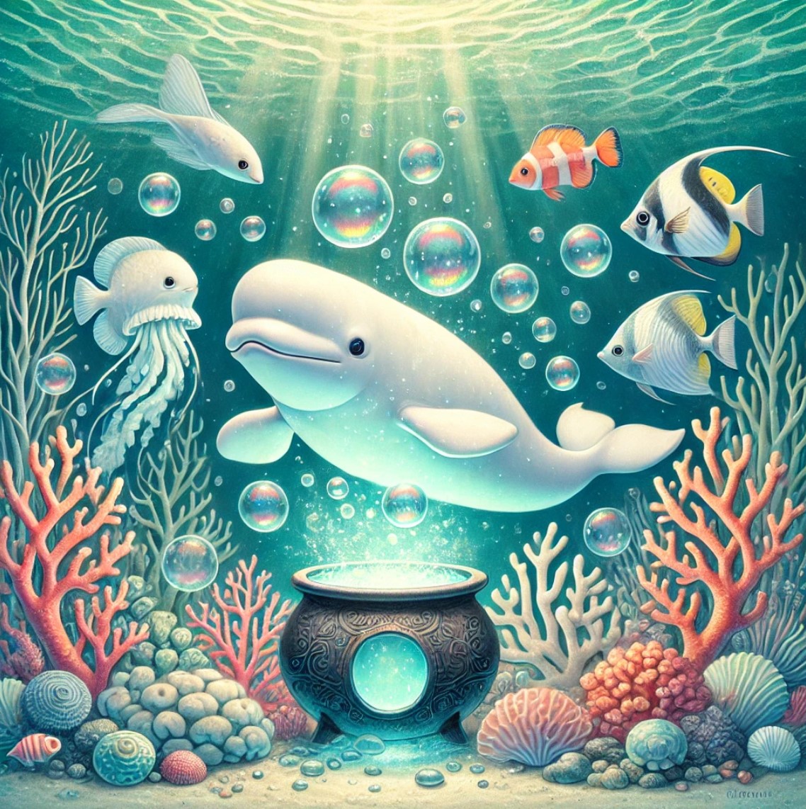 A magical forest scene with an owl cooking